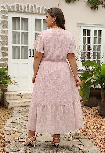 Image of Nemidor Plus Size Women Casual Maxi Dresses Print Bobo Belted Layered Chiffon Summer Long Dress with Ruffle Sleeve