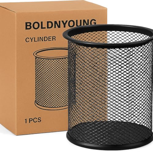 Image of Metal Mesh Pen Stand for Office & Home Desk | Black Stationery Holder Organizer for Pens, Pencils, Markers, Makeup Brushes | Durable Round Wire Mesh Pen Stand (Pack of 1) (Black)