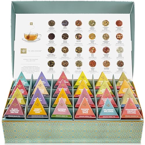 Teabloom - World's Finest Pyramid Tea Collection, 24 Varieties of USDA Certified Organic & Kosher Teas - Black Tea, Green Tea, White Tea, Oolong Tea, and Herbal/Fruit Tea Blends