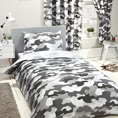 Price Right Home Army Camouflage Grey Kids / Teens Bedroom Range - Duvet Cover Set, Fitted Sheet Set & Curtains Available (Single Duvet Cover Set)