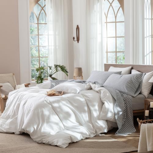 Image of MooMee Striped Sheet Set 100% Washed Cotton Linen Like King | Relaxed Linen-like Texture. Soft, Breathable & Lightweight Comfort. 15-19 inch Extra Deep Pocket with All-around Elastic