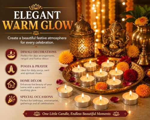 Image of Bindian Unscented Tea Light Candles, 100% Paraffin Wax, Smokeless Dripless Tealights for Home Decor, Diwali, Wedding, Spa, 1-1.5 Hour Burn Time (Pack of 300 White)