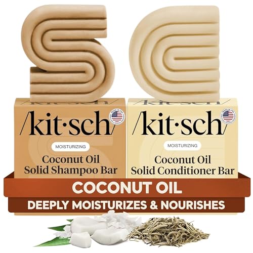 Kitsch Coconut Oil Shampoo and Conditioner Set Deep Moisturizing Shampoo and Conditioner Bar for Dry Damaged Hair Hydrating Solid Bars for Curly Coily & Color Treated Hair Made in USA