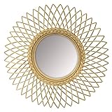 Miroir soleil en moelle de rotin avec tressage en contour de miroir., Dimensions : Ø 60 - Ep.4 cm - Verre Ø 27 cm.