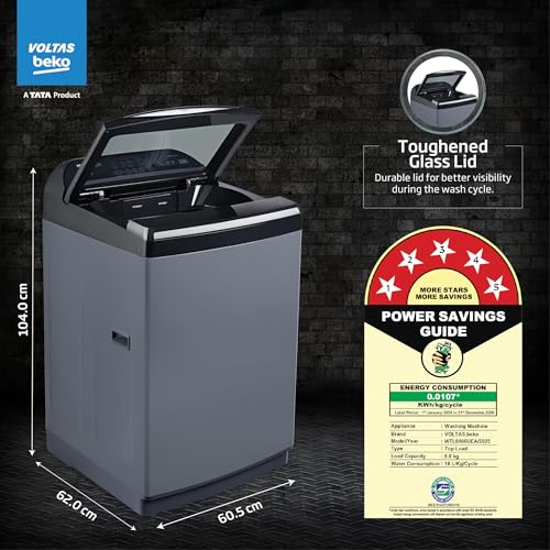 Image of Voltas Beko, A Tata Product 8 kg 5 Star Fully-Automatic Top Loading Washing Machine (WTL8006UEA / OBS1060, Grey, Double Waterfall Technology)