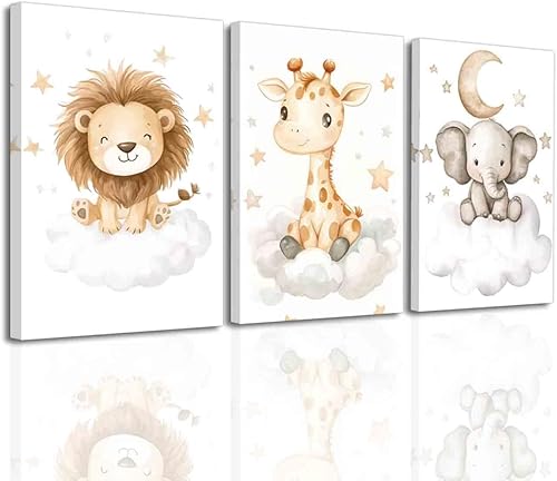 BJYCHG Safari - Juego de 3 lienzos decorativos de pared para habitación de bebé, diseño de elefante y león, jirafa, lienzo, acuarela, nubes,