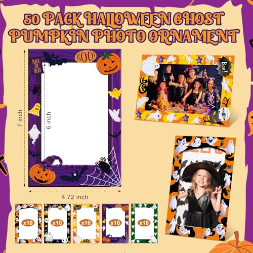 Image of AmazingSpark 50 Pack Halloween Ghost Picture Frame 4 x 6 Paper Photo Ornament Bulk Pumpkin Cardboard Photo Gifts for Halloween Friendsgiving Decorations Party Favor Supplies