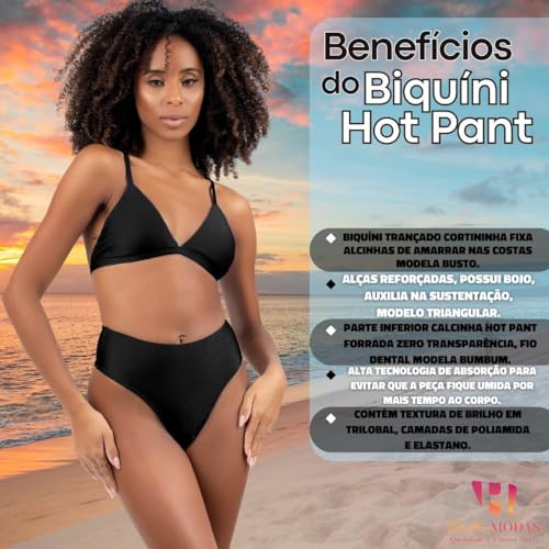 Biquini Hotpant Com Bojo E Brilho Cintura Alta Feminino Luxo Cor:Preto;Tamanho:P-34-36