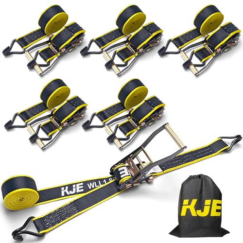 KJE Ratchet Straps Heavy Duty(6 Pack) 2 x 15 Black Ratchet Strap 5 500 Lbs Max Break Strength Tie Down Ratcheting with J-Hook Cargo Straps for Truck Trailer Moving Appliances
