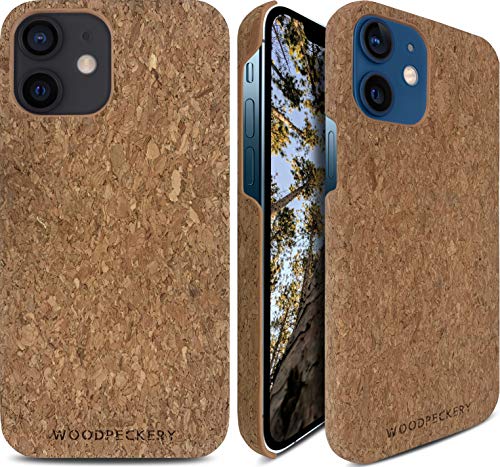 WOODPECKERY Cork Case for iPhone 12 Mini (5.4”), Slim Heavy Duty TPU Bumper Back, Open Top, Bottom & Slots Edges for Buttons, Unique Cork Texture Design, Clear Classical Sustainable Style