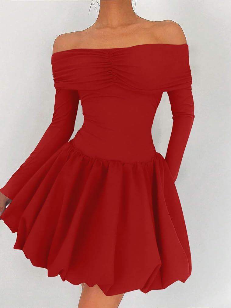 LAGSHIAN Women's Off Shoulder Mini Bubble Dress Long Sleeve Cute Drop Waist A Line Party Dresses - Image 3