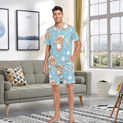 Men's Pajama Set Cute Bear Play Baseball Short Sleeve with Shorts Pockets Sleepwear Set Summer Loungewear4