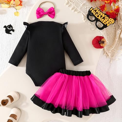 Kuriozud Halloween Outfit Clothes Toddler Baby Girl Skeleton Rose Long Sleeve Romper with Bow Headband Tulle Skirt 3Pcs Set3