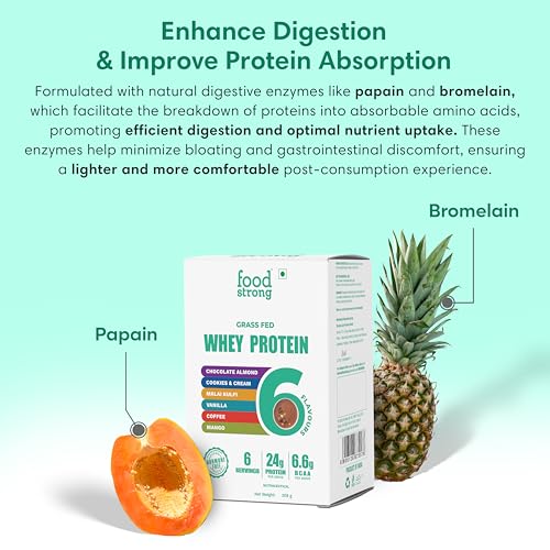 Image of Foodstrong Whey Protein Powder (Concentrate + Isolate), 100% Hormone Free Grass-Fed Whey, 24G Protein & 6.6G BCAA, With Turmeric & Digestive Enzymes, Rainbow Pack Of 6 Sachets, 208G