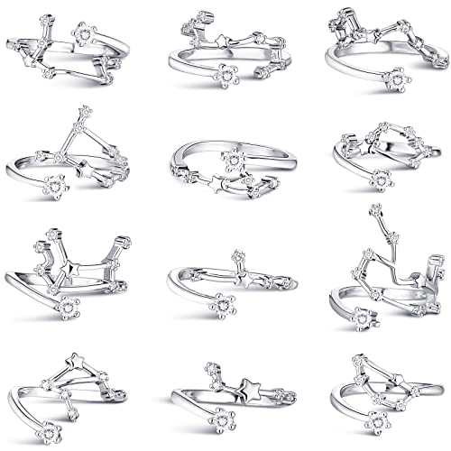 Yaomiao 12 Pieces 12 Astrology Rings Adjustable Zodiac Sign Open Rings CZ Horoscope Statement Rings Silver Rings for Women Men Teen Jewelry Gifts