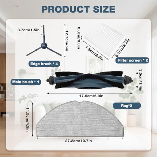 Image of HASTHIP 9Pcs Replacement Parts Compatible with Eufy G50 Hybrid / L60 Hybrid Robot Vacuum Cleaner, Replacement Accessories with 1 Main Roller Brush, 2 Microfiber Mops, 2 Filters, 4 Side Brushes