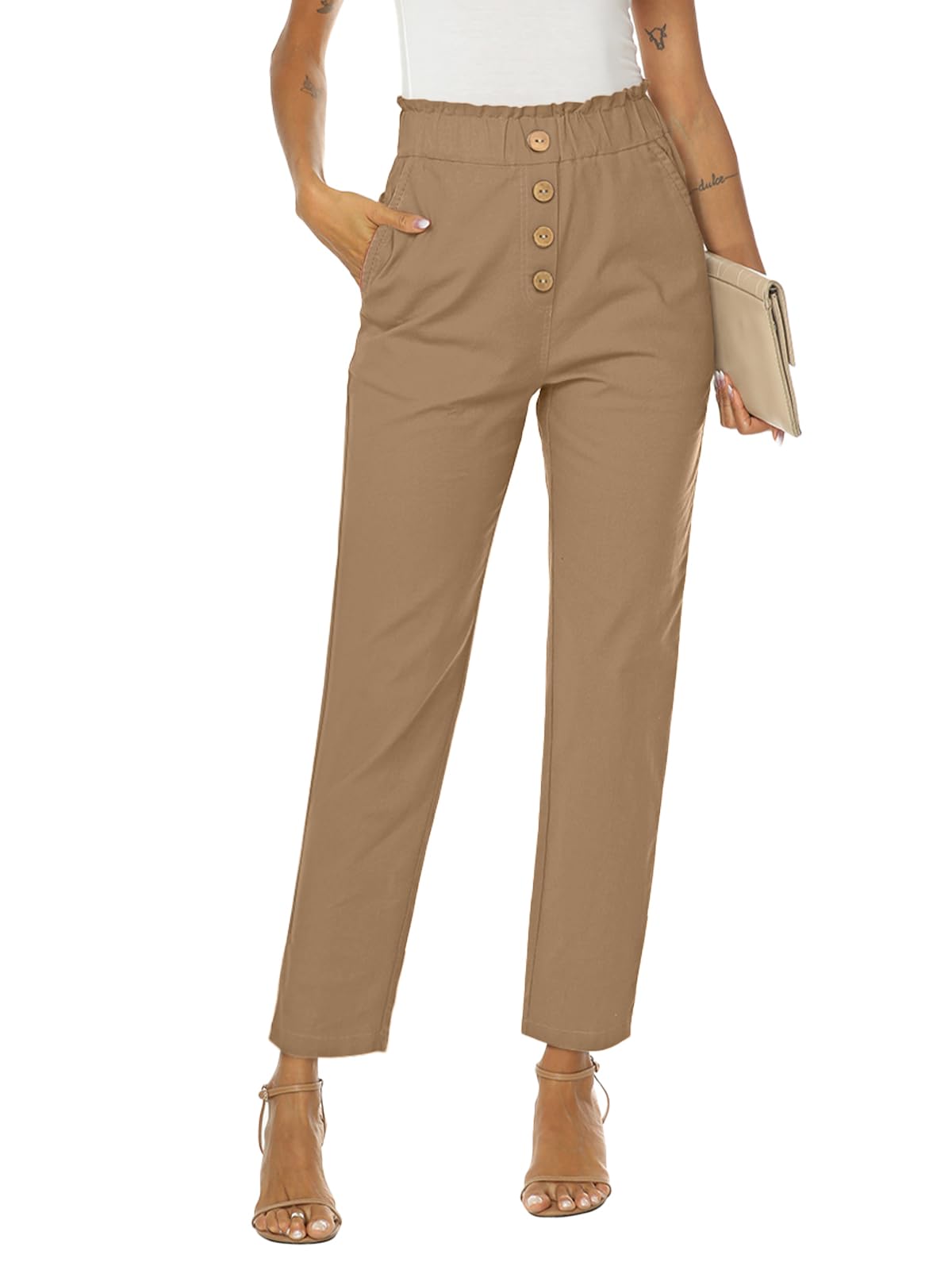 NIMIN Womens Casual Pants High Waisted Work Pants Elastic Cropped Dress Paper Bag Pants with Pockets