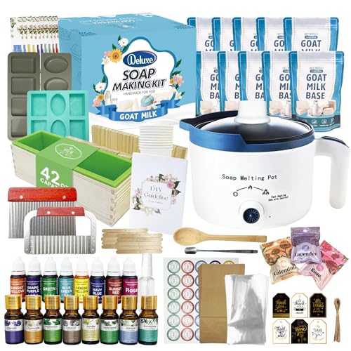 PIUH Deluxe Goat Milk Soap Making Kit for Adults DIY Natural Soap Making Supplies Kit Included Soap Melting Pot Goat Milk Soap Base Dyes Essential Oils and Supplies for Making Soaps Gift