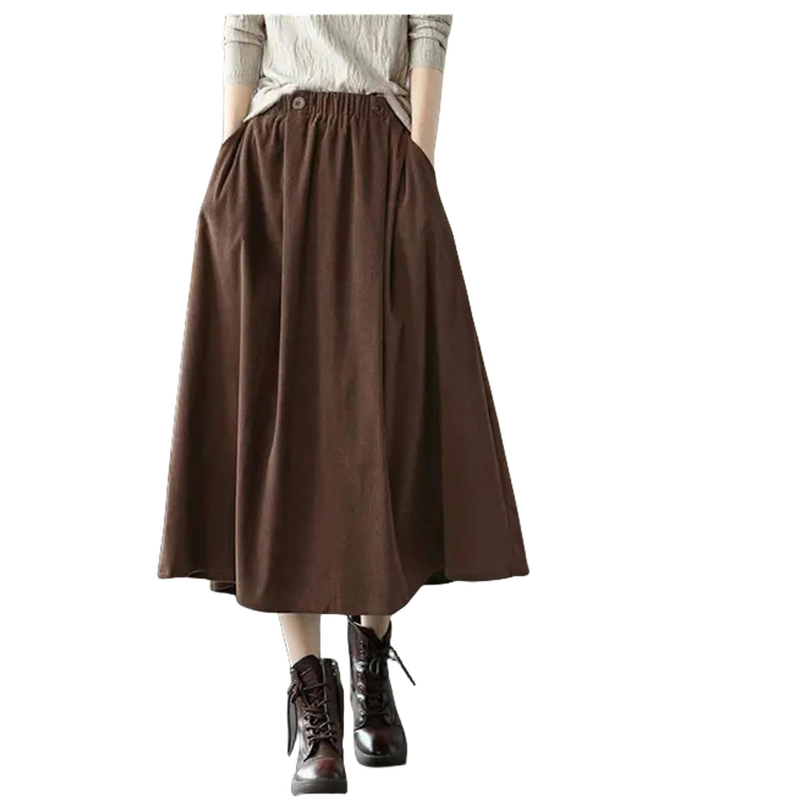 MdybF Czarna spódnica sztruksowe spódnice długie dla kobiet jesień zima moda uliczna spódnica w stylu midi elegancka kobieta, Kawa, XXL