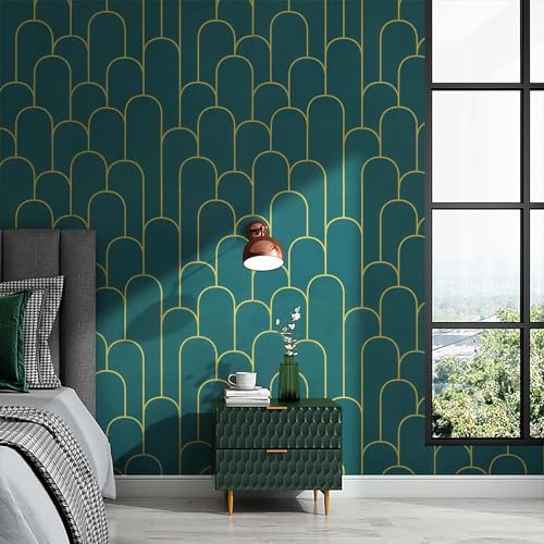 Image of Veki Luxury Floral & Botanical Geometric Wallpaper Mural - Waterproof, Moisture-Proof, Self-Adhesive PVC Wall Sticker for Home & Hotel Decoration (45cm x 300cm) (Green Curve)