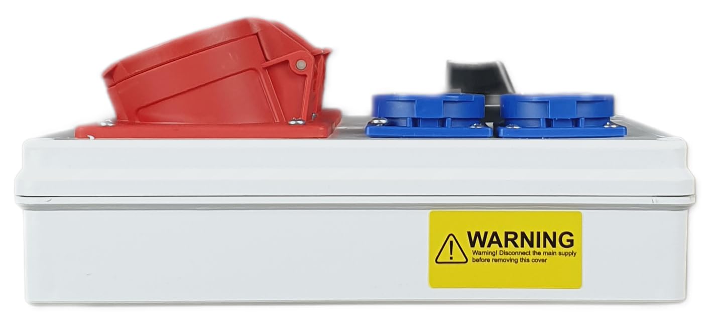RoadEu - Caja de Distribución Eléctrica 16A con interruptor principal 0-1. 2 enchufes CEE 16A con Schuko de 230V. Cuadro electrico superficie IP44. Tomas múltiples industriales para obras