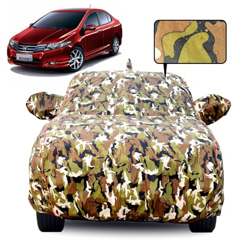 Image of 100% Waterproof Car Body Cover for Honda City (2008-2013) with Mirror Pocket, Soft Cotton Lining, Triple Stitched, Full Bottom Elastic (Heat Resistant Jungle Print with Red Piping)