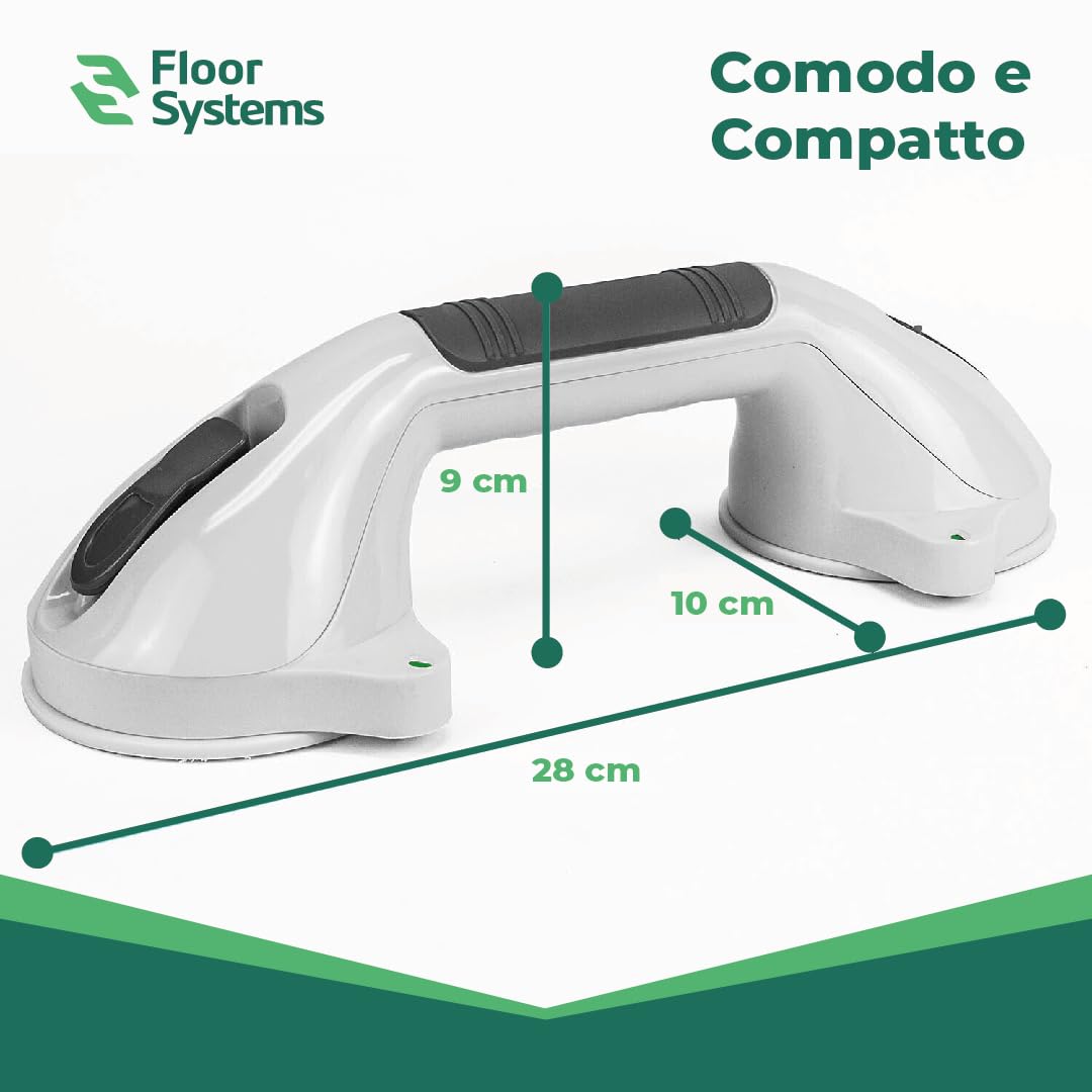 FLOOR SYSTEMS Maniglia Doccia Anziani con Indicatori di Sicurezza Ultra Resistente - Solo su Superfici Lisce - Maniglia Ventosa per Bagno - Ventose per Vetro e Piastrelle - 2 maniglie con omaggio