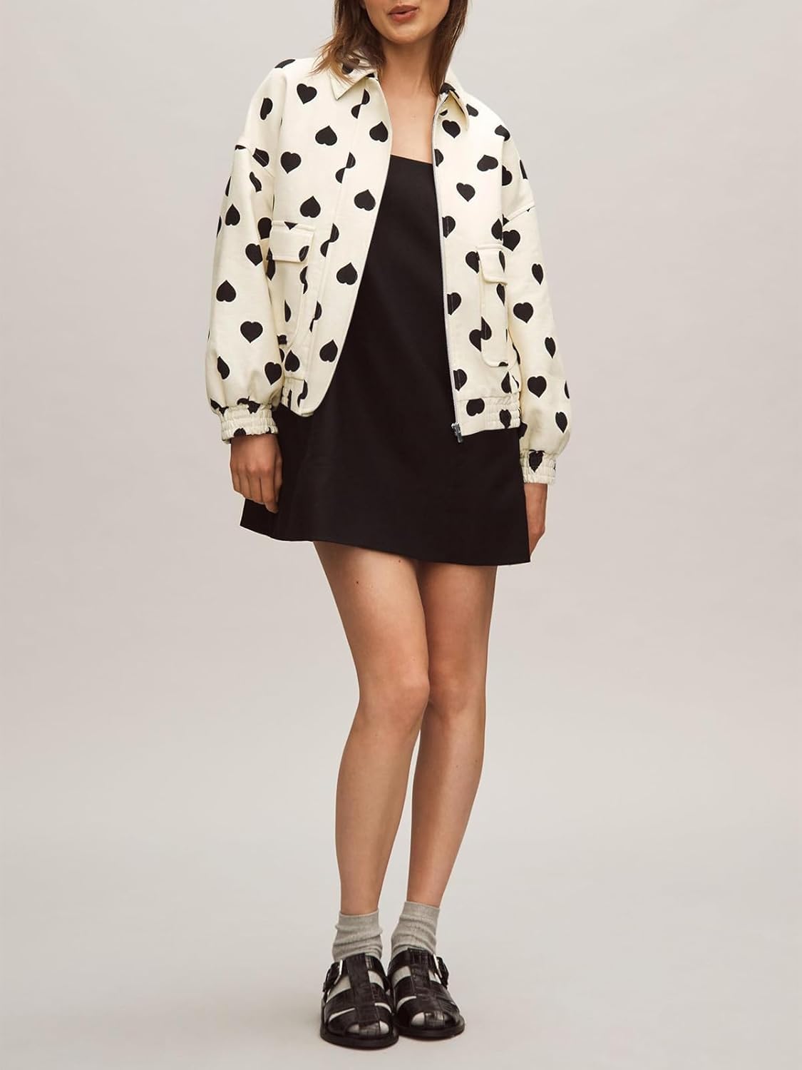 Womens Cropped Heart Bomber Jacket Cute Valentine Oversized Zip up Coat Fall Casual Outerwear