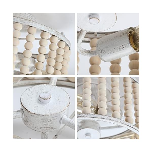 tewei Wood Beaded Boho Chandelier Light Fixture, Semi Flush Mount Ceiling Light 3-Light Rustic Nursery Close to Ceiling Light for Bedroom Kitchen, Living Room, Oak White, E26 Base - Image 6
