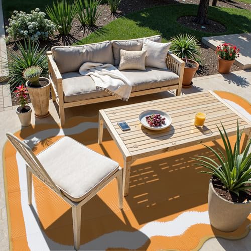 Uphome Outdoor Rug Waterproof 6x9, Reversible Orange Scalloped Patio Plastic Straw Rugs, Foldable Modern RV Camping Outside Carpet Mat for Pool Back Yard Deck Picnic, 6 x 9 ft - Image 7