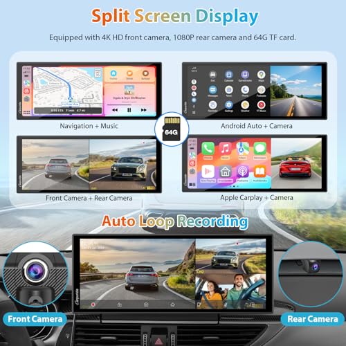 Image of CARPURIDE 11.26 Inch HD Wireless Carplay & Android Auto Screen, 4K +1080P+1080P Dash Camera for Cars with 64GB Card, with Loop Recording, Bluetooth, GPS, FM, Super Link