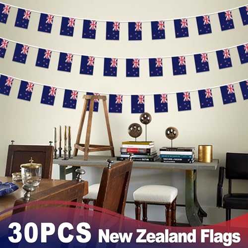 Image of New Zealand String Flag Pennant Banner, Small Mini New Zealander Flags Bunting Banner, National Country Decoration for School, Party, Sports Events, Patriotic Festival, 33 Feet 30 Flags