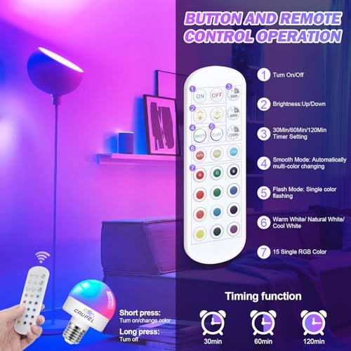 Image of RGBCW Rechargeable Battery Operated Light Bulbs, E26 Detachable LED Bulb with Remote Control, 60W Equivalent, 500Lum, 3 Color Temperatures, 15 RGB, Emergency Light Bulbs for Home, Outdoor, 2 Pack
