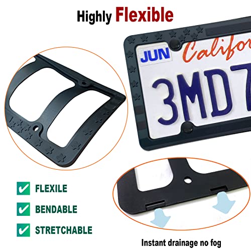 Zxfoog American Flag License Plate Frames Silicone- Usa Patriotic Stars And Stripes Flag On Black Tag Holder Cover For Car Truck Trailer, 2 Pack With Front Rear Mount Screws Caps, Thin Line Decals #TOP3