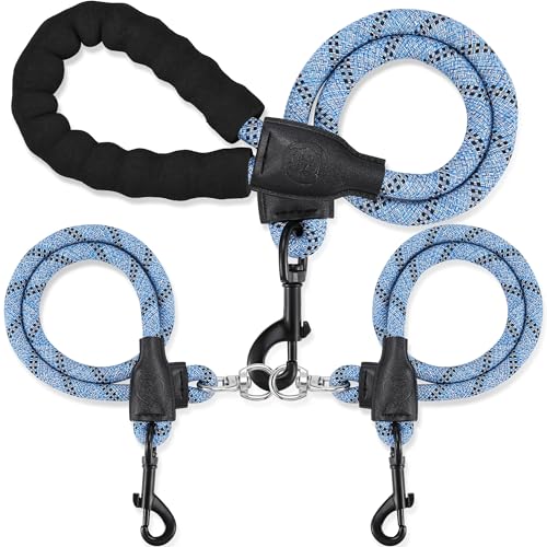 Double Dog Leash for Two Dogs - Detachable 360&deg; Swivel, No Tangle Leash with Reflective Strips for...