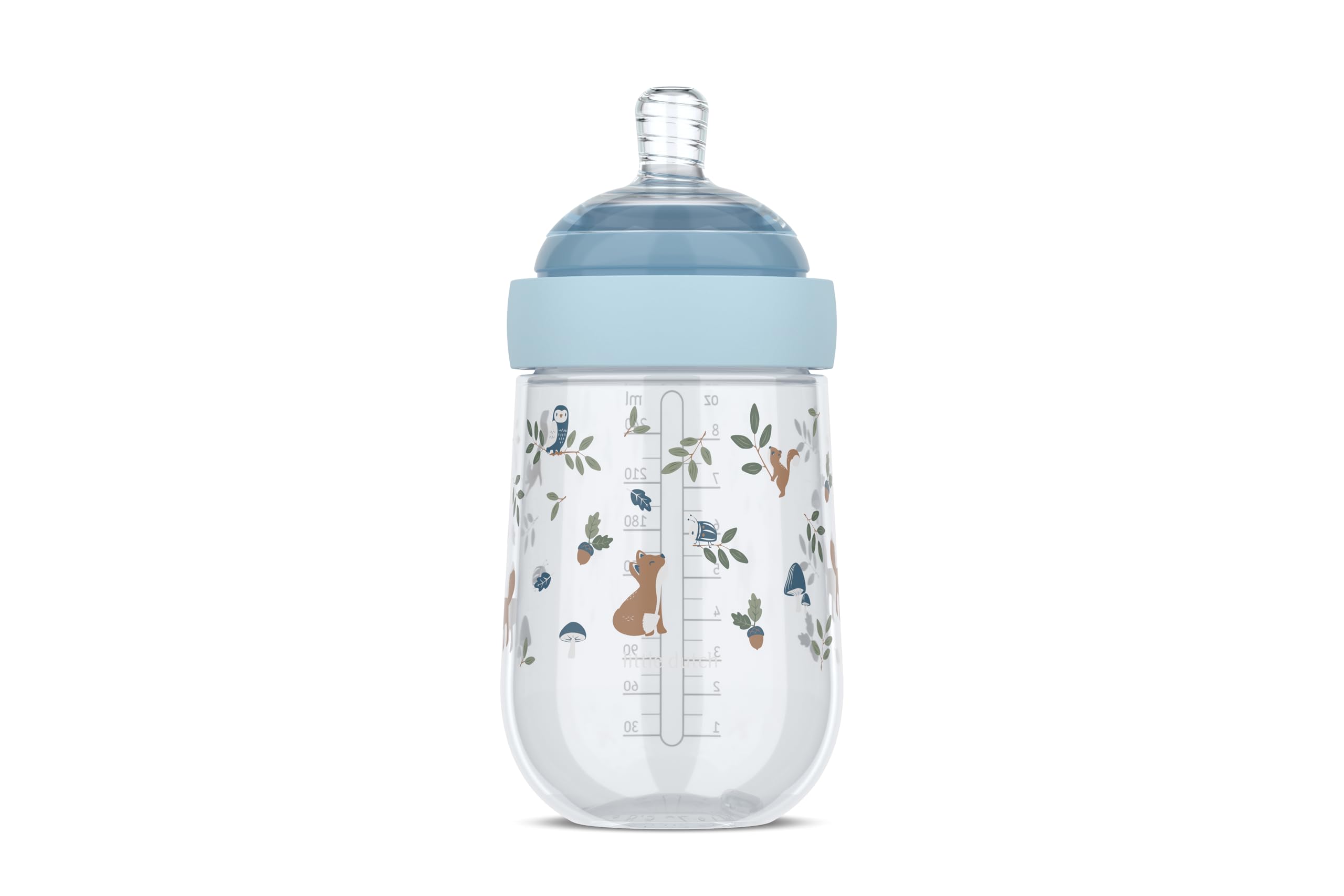 Mepal - Babyflasche Mio Little Dutch - Transparente Kappe zur Aufbewahrung - Anti-Kolik Babyflaschen - Spiralförmiges Design verhindert Verstopfungen - Medizinisches Silikon - 240 ml - Forest Friends