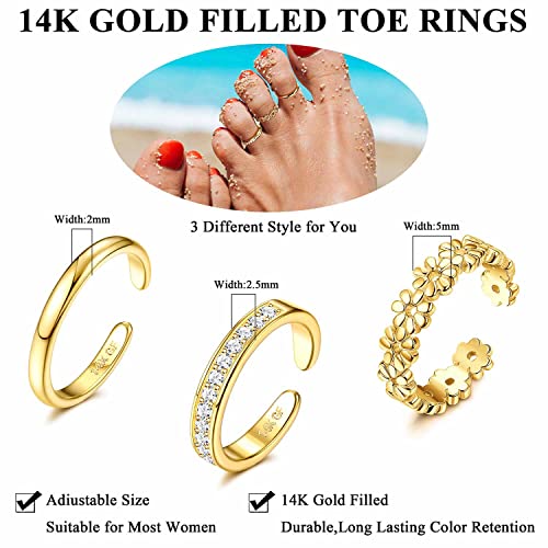 Jstyle 3PCS 14K Gold Filled Toe Rings for Women Adjustable Gold Toe Ring Set Open Band Simple CZ Daisy Flower Toe Rings Hawaiian Summer Beach Foot Jewelry for Women4
