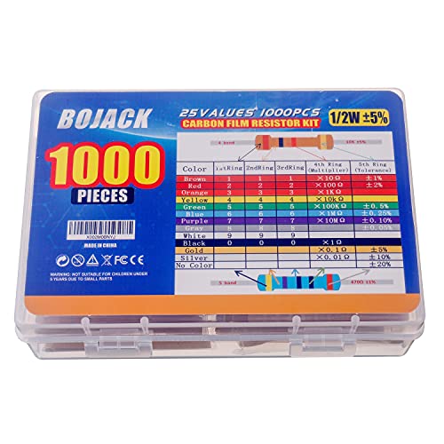 Bojack BJ-5%-1/2W 1000 Pcs 25 Values Resistor Kit 1 Ohm-1M Ohm thumb #2