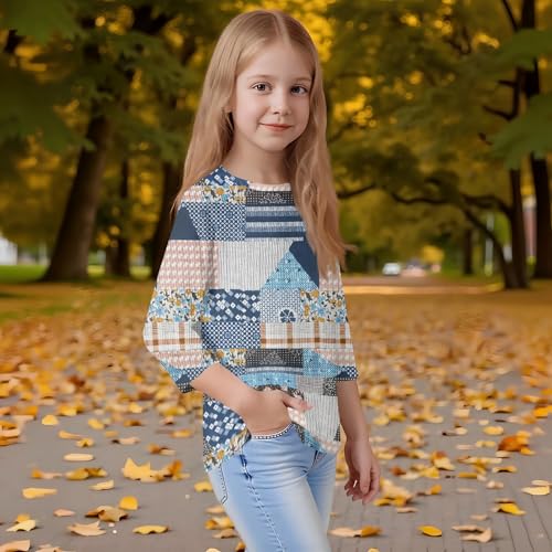 Fall Girls Shirts Trendy 3/4 Sleeve Cute Tops Y2K Floral Print Crew Neck 3/4 Length Sleeve Funny Blouses Outfits 20253