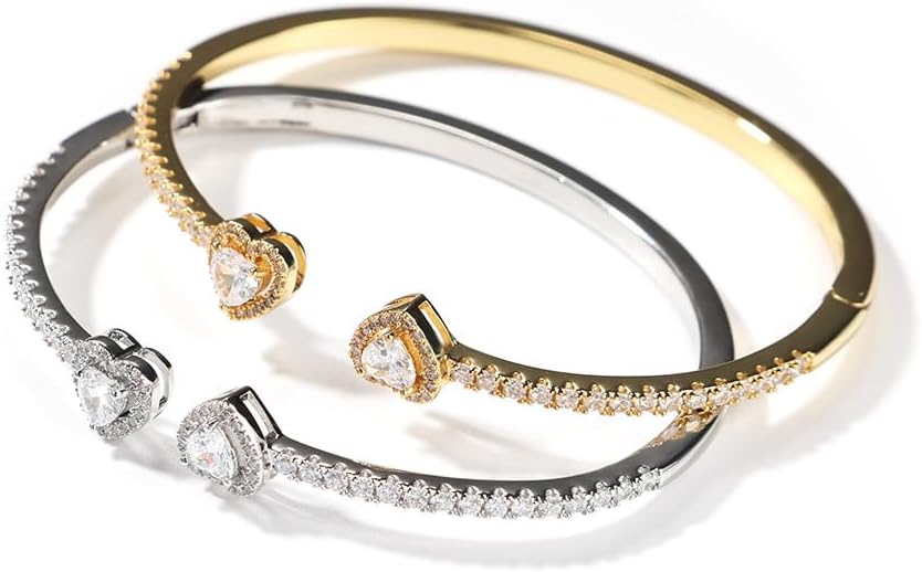 Womens Cute Love Heart Open Cuff Bangle Bracelet 18K Gold Silver Plated Cubic Zirconia Bangle Bracelet, Heart Cuff Bracelet Hip Hop Jewelry Gift for Women - Image 4