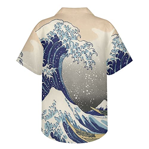 Gludear Men's Van Gogh The Great Wave Off Kanagawa 3D Print Casual Button Down Shirt,Beige Kanagawa,L #TOP1