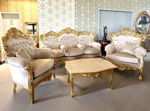Ensemble de canapé de style Louis français beige rétro baroque rococo en velours avec finition dorée pour décoration de hall d'hôtel à domicile