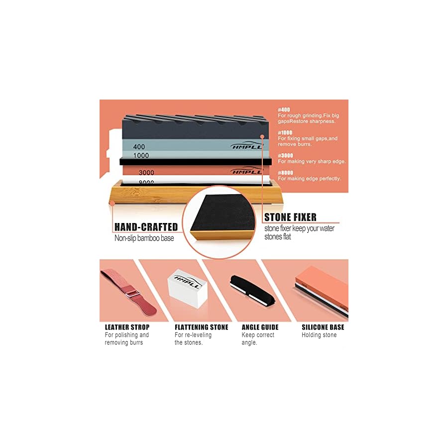 Knife Sharpening Stone Set, HMPLL Whetstone Knife Sharpener Stone Set 4 Side Grit 400/1000 3000/8000, Professional Include Non-Slip Bamboo Base, Leather Strop, Flattening Stone & Angle Guide