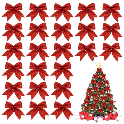 MOTONG 24 Pezzi Albero di Natale Deco Schleifen Natale Glitzer Albero di Natale Schleifen Albero di Natale Schmuck für Familienfeiern Nozze Feste Festa Decorazione Vacanza di Natale (Rosso)