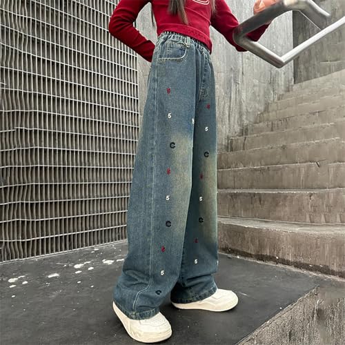 Girls Prints Jeans Cute Letter Graphic Elastic Waist Straight Baggy Wide Leg Denim Pants Teens Casuall Trousers4