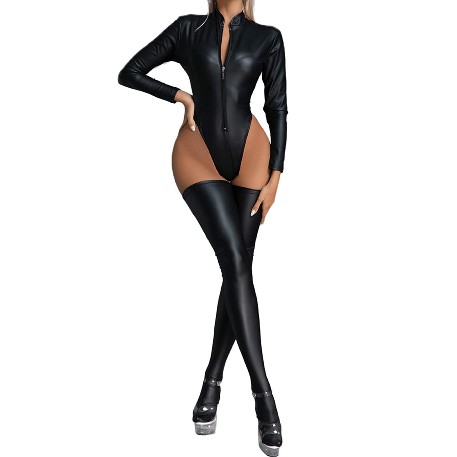 Disfraz de mujer sexy de látex, aspecto mojado, metálico, manga larga, manga corta, top de Leotard Clubwear, lacado, piel, vestido de Halloween