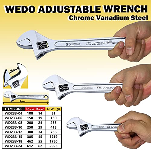 Wedo Adjustable Wrench 6", Plumbing Wrench Spanner, Cr-V Steel, Die-Forged, Strong Torque, Heat Treatment, Surface Chrome Plating, Silver, 150Mm #TOP1