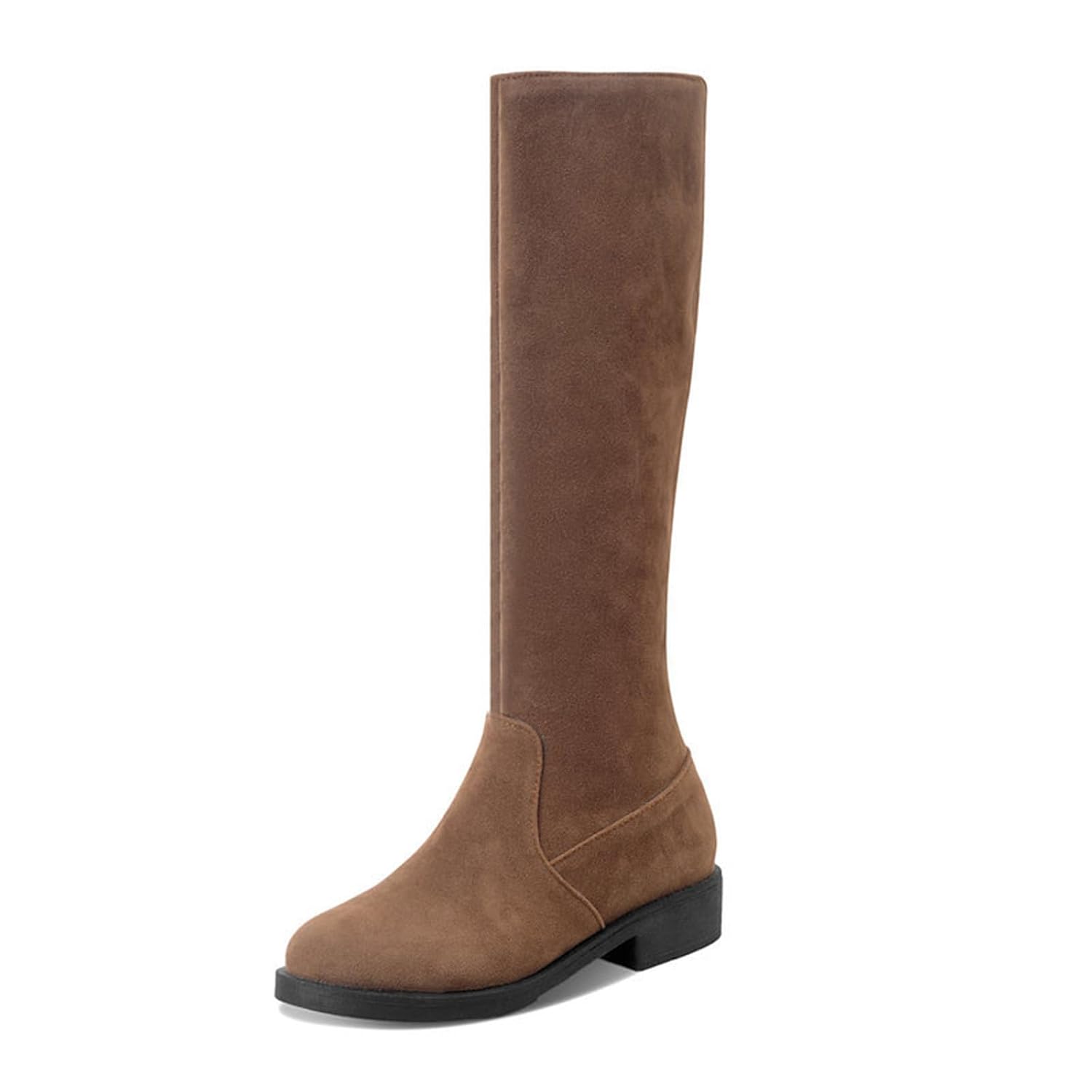 Womens Knee High Boots Round Toe Suede Boots Ladies Classic Block Low Heel Flat Stretchy Riding Winter Shoes