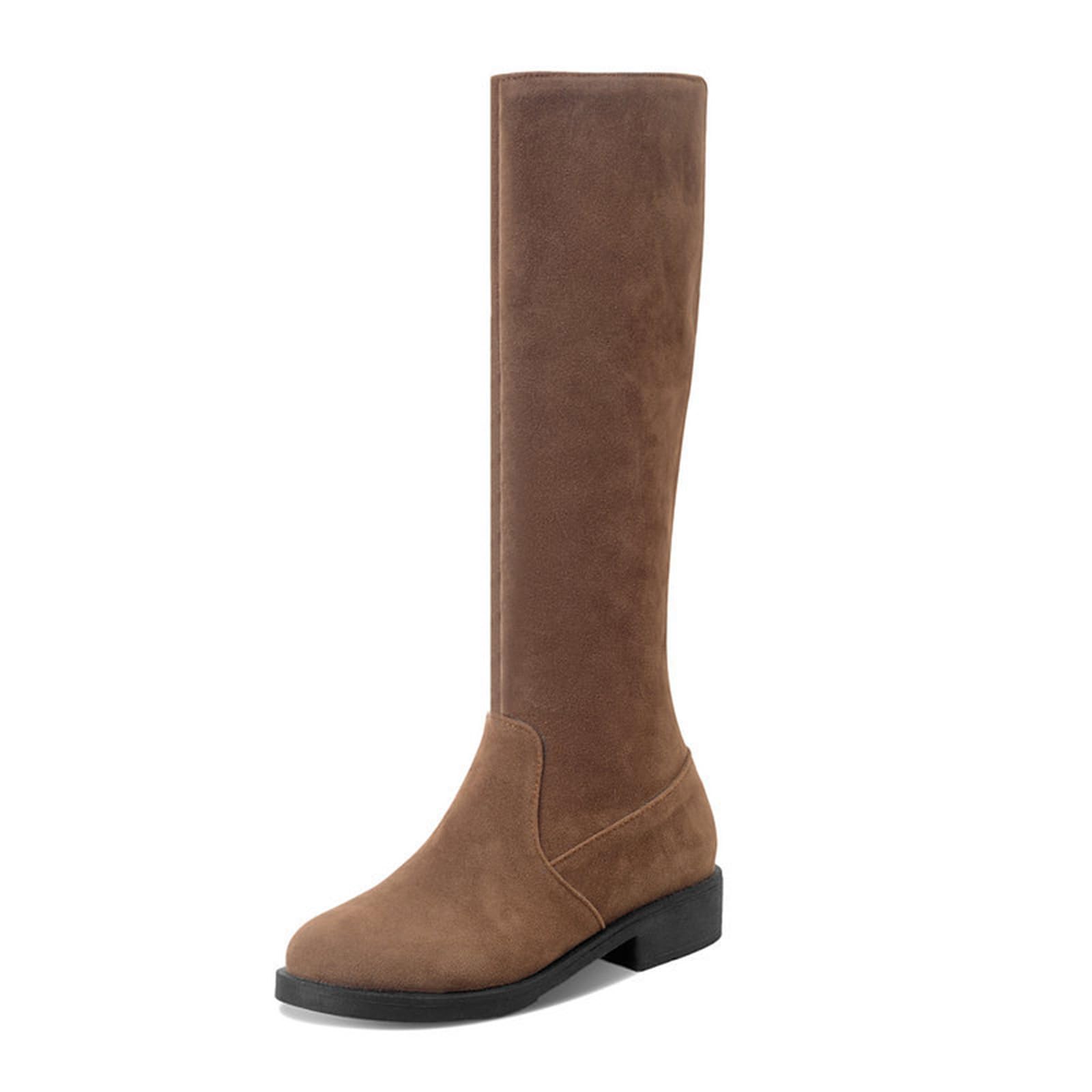 Womens Knee High Boots Round Toe Suede Boots Ladies Classic Block Low Heel Flat Stretchy Riding Winter Shoes
