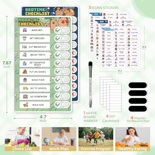 Upgraded Slider Capybara Chore Chart for Kids, Magnetic Kids Chore Chart for 2 Kids, Dry Erase Morning/Bedtime Routine Chart for Kids Toddlers, Visual Schedule for Kids